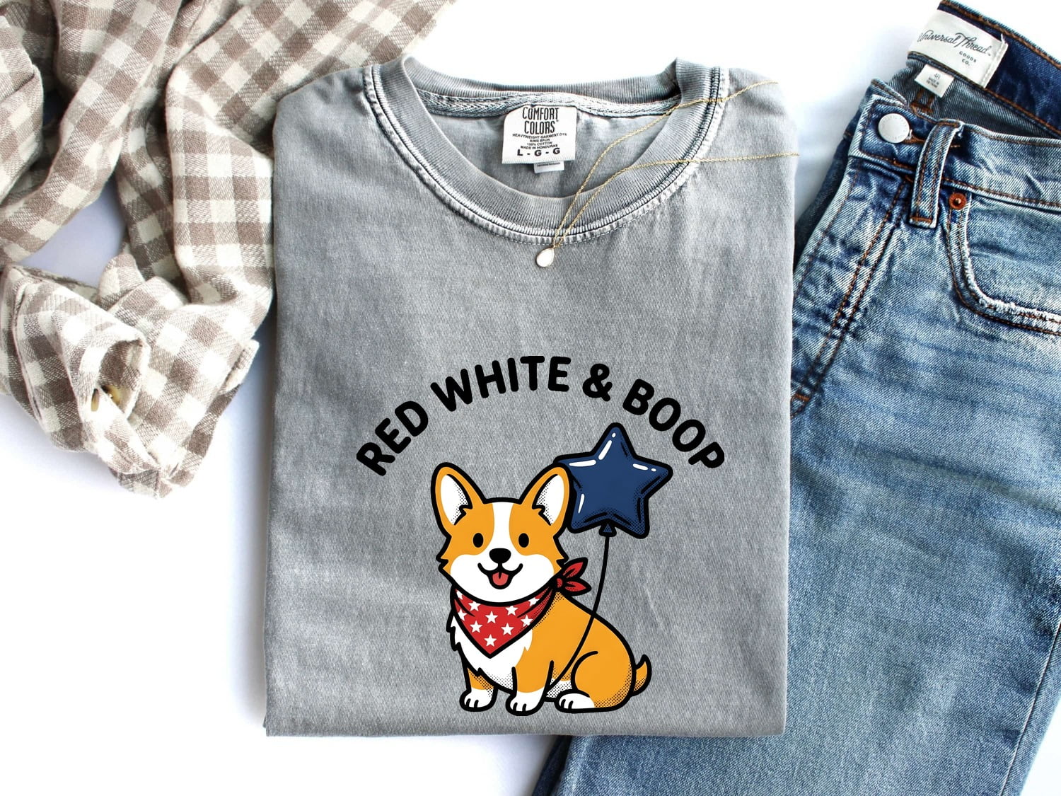 4th of July Corgi Shirt for Women – Kawaii Cartoon Star Balloon Independence Day Graphic Tee