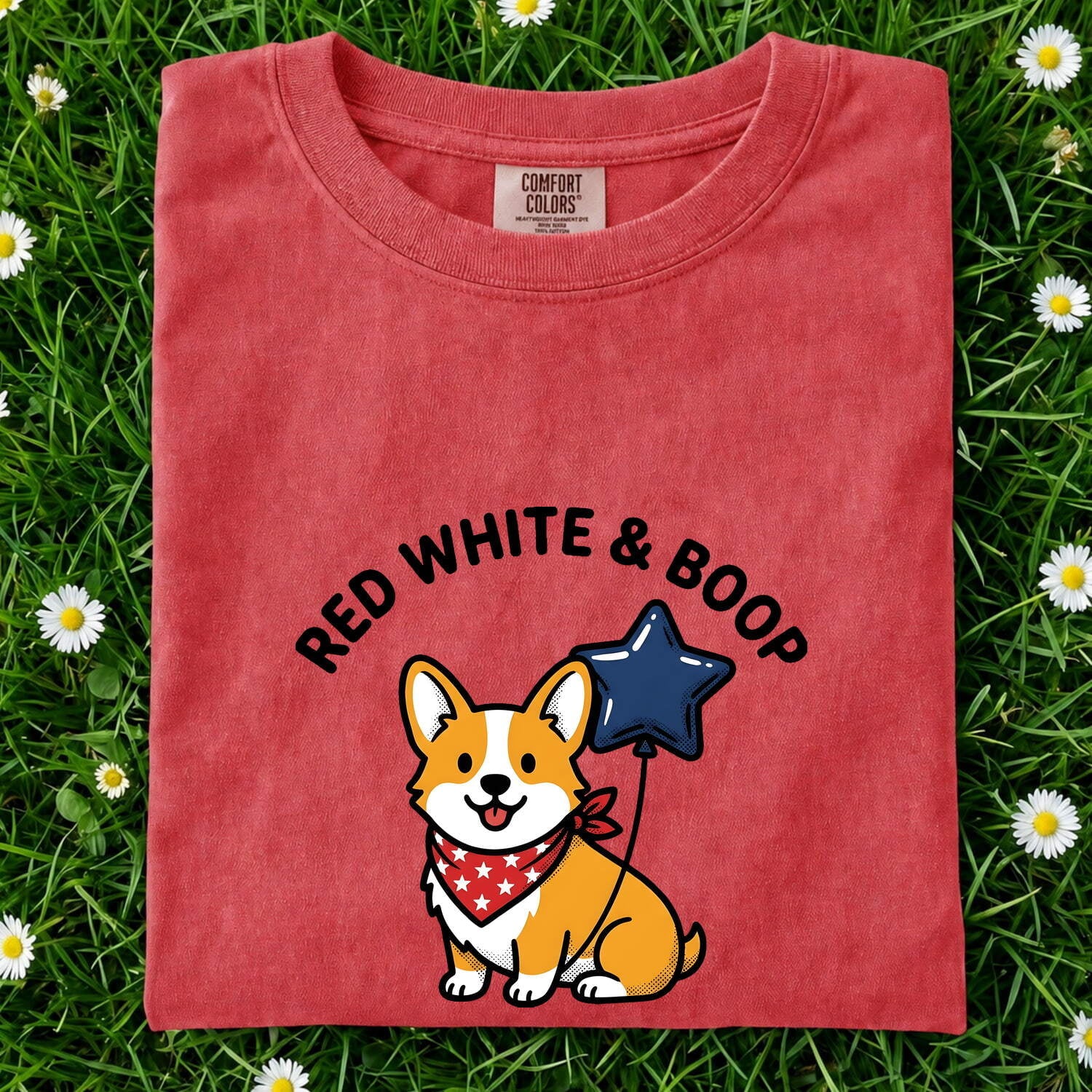 4th of July Corgi Shirt for Women – Kawaii Cartoon Star Balloon Independence Day Graphic Tee
