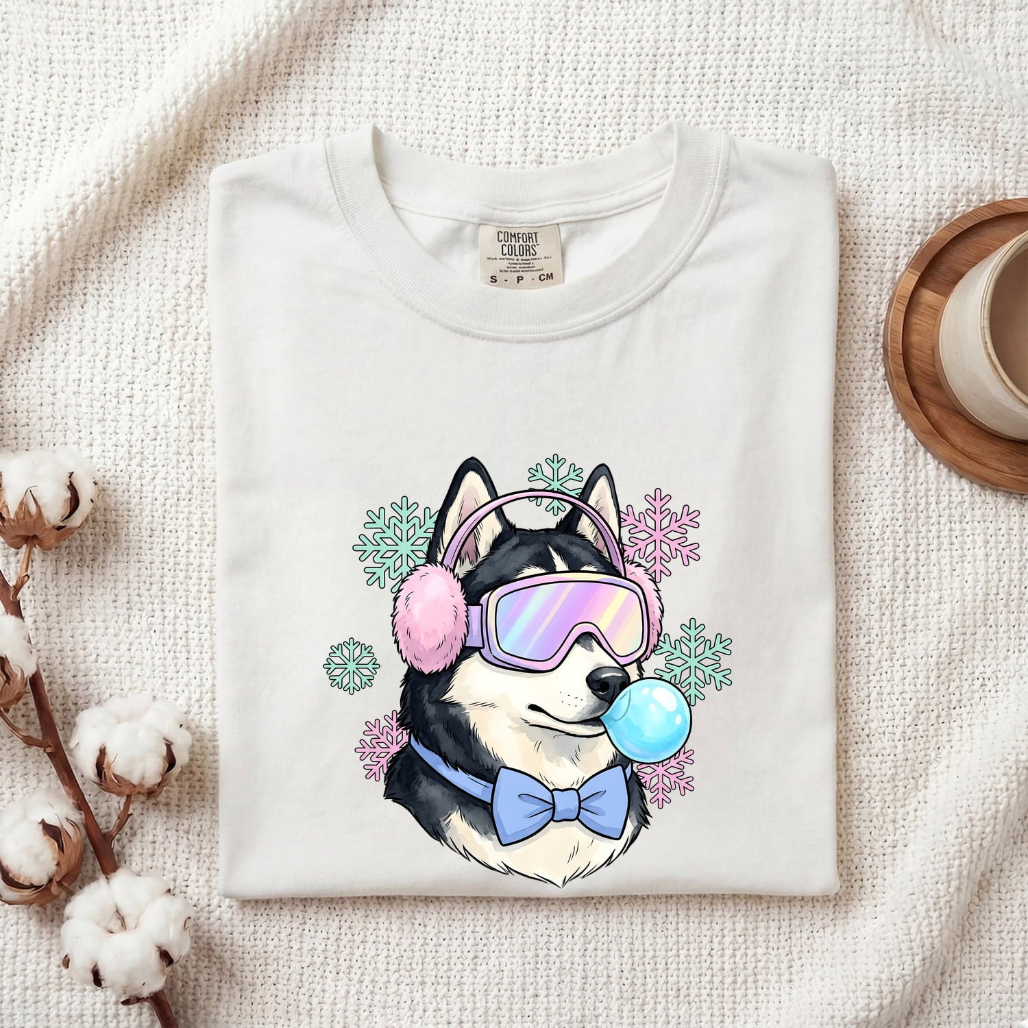 Husky Shirt for Women – Old School Frosty Winter Flake Sketch Siberian Puppy Graphic Tee
