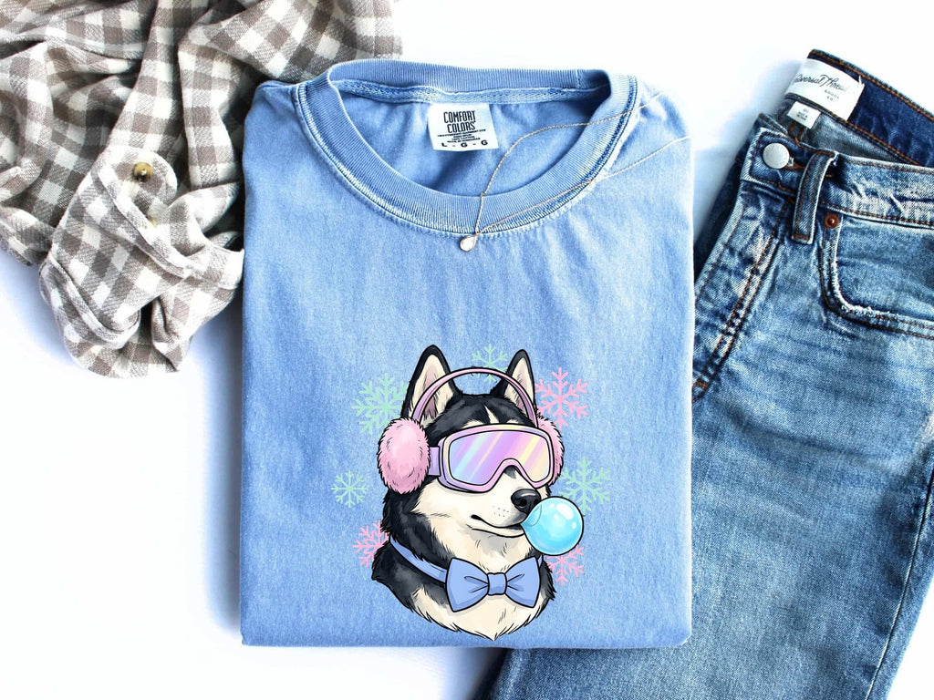 Husky Shirt for Women – Old School Frosty Winter Flake Sketch Siberian Puppy Graphic Tee