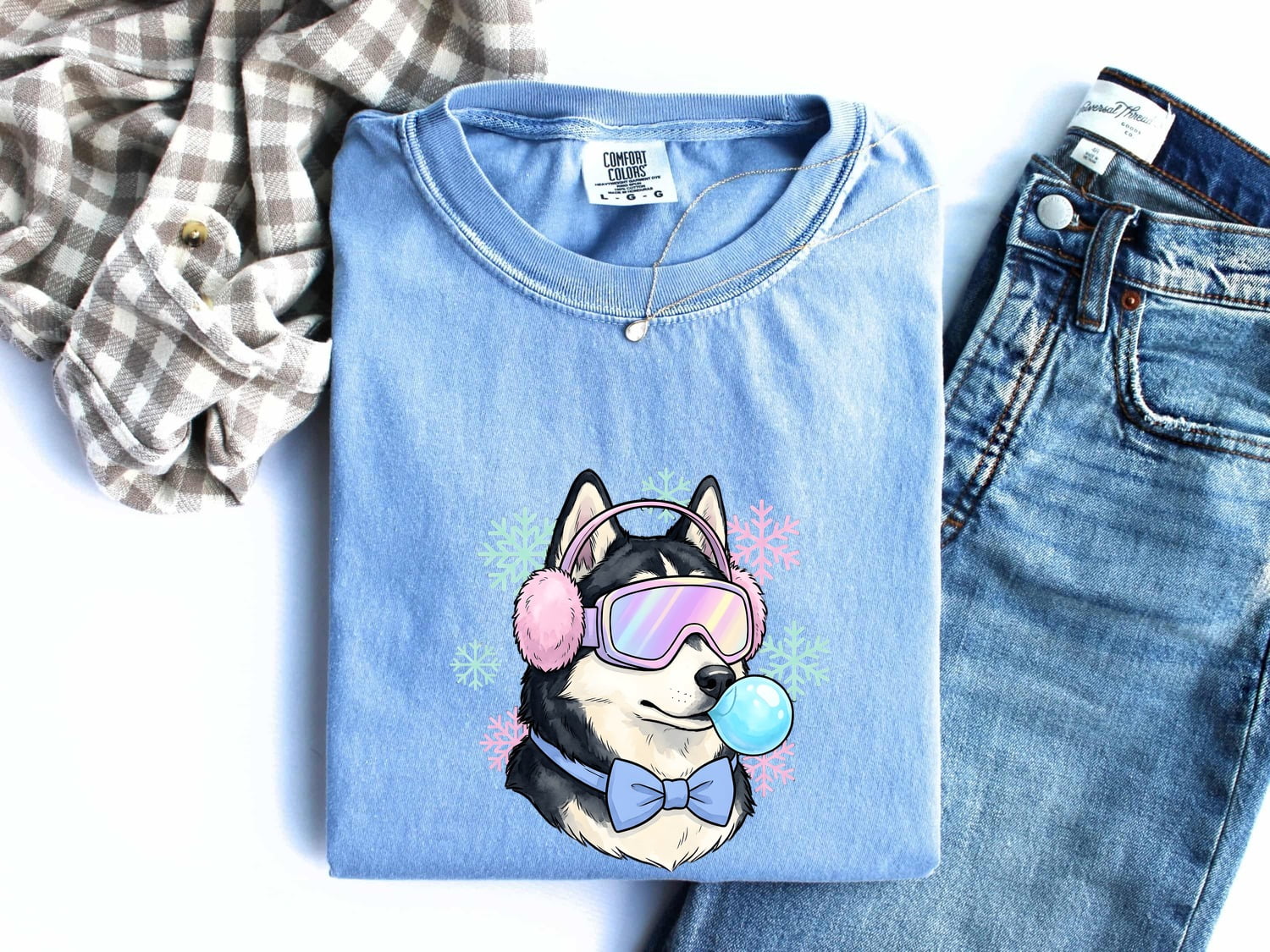 Husky Shirt for Women – Old School Frosty Winter Flake Sketch Siberian Puppy Graphic Tee