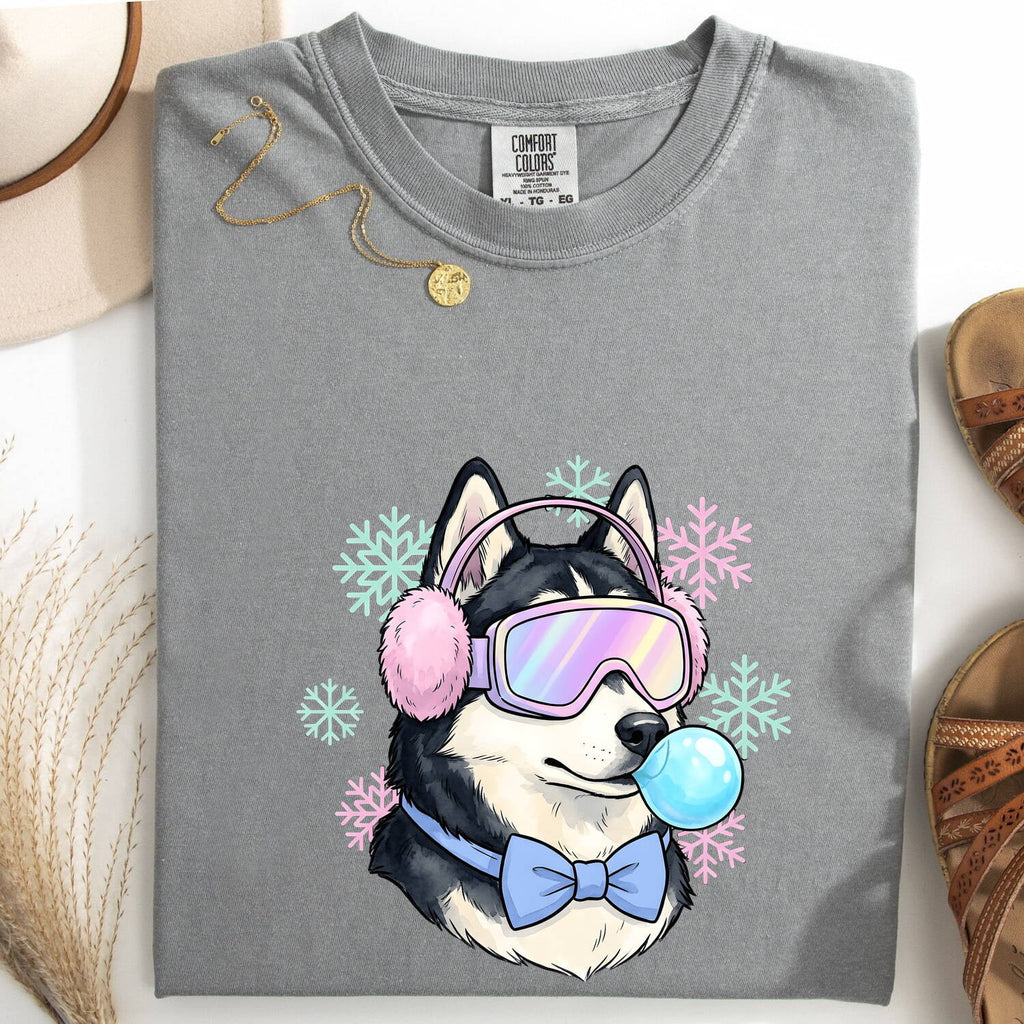 Husky Shirt for Women – Old School Frosty Winter Flake Sketch Siberian Puppy Graphic Tee
