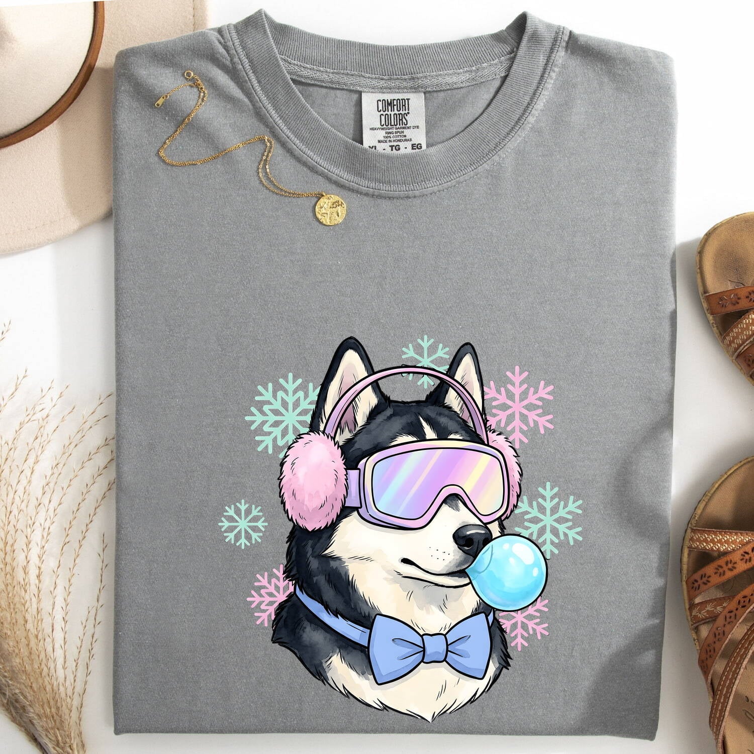Husky Shirt for Women – Old School Frosty Winter Flake Sketch Siberian Puppy Graphic Tee