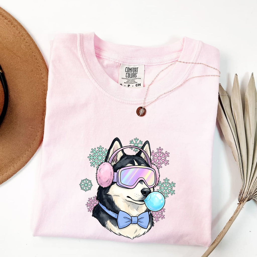 Husky Shirt for Women – Old School Frosty Winter Flake Sketch Siberian Puppy Graphic Tee