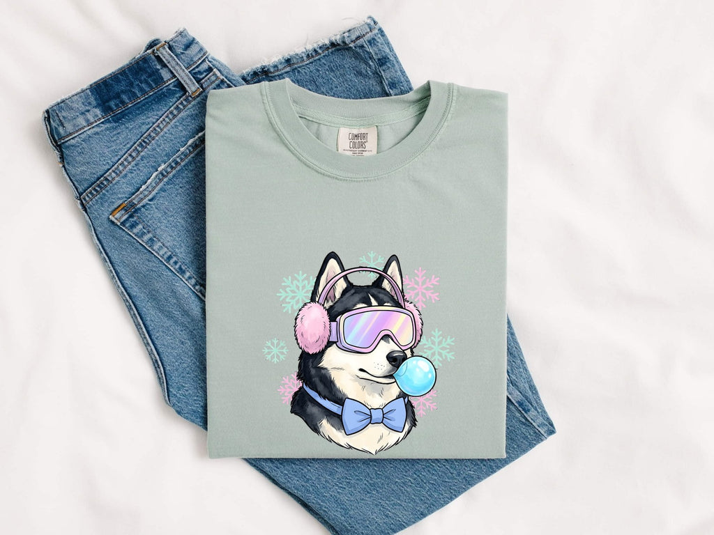 Husky Shirt for Women – Old School Frosty Winter Flake Sketch Siberian Puppy Graphic Tee