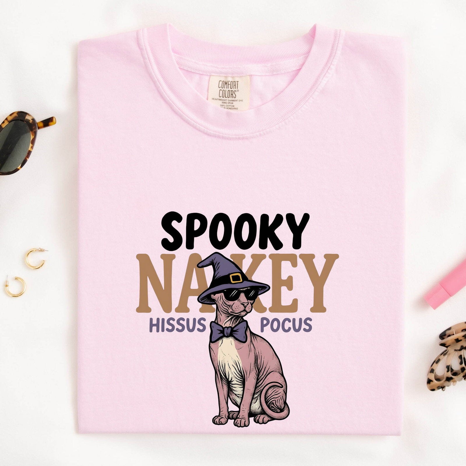 Halloween Sphynx Cat Shirt for Women – Hand Drawn Illustrated Magic Hat Graphic Tee