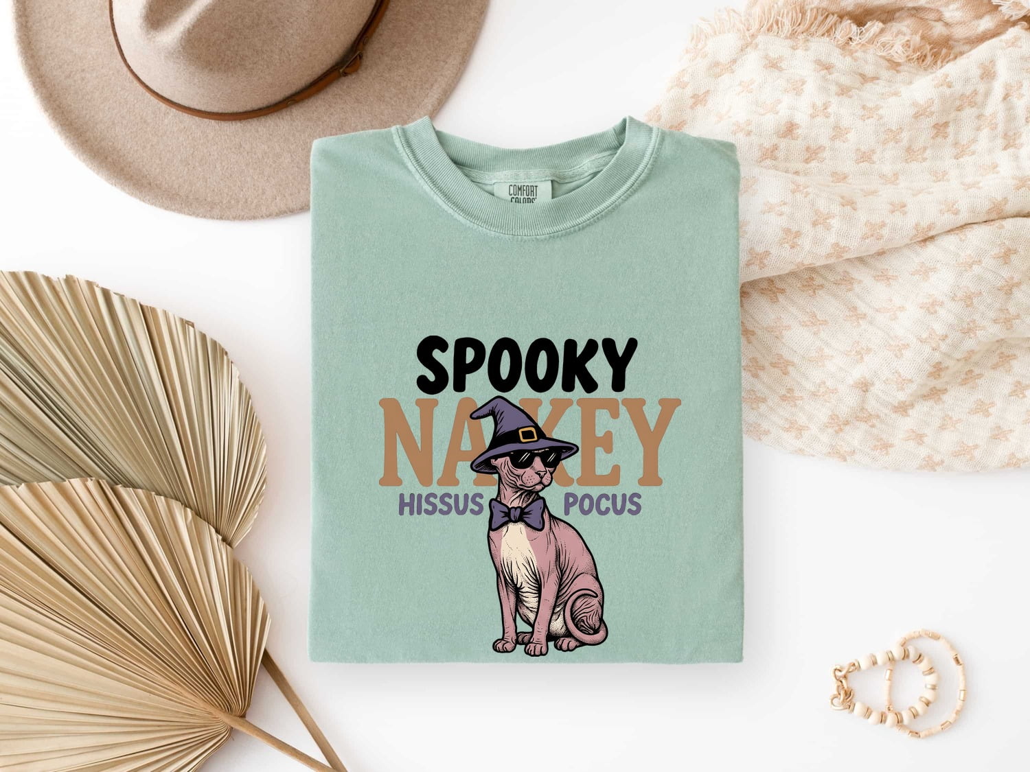Halloween Sphynx Cat Shirt for Women – Hand Drawn Illustrated Magic Hat Graphic Tee