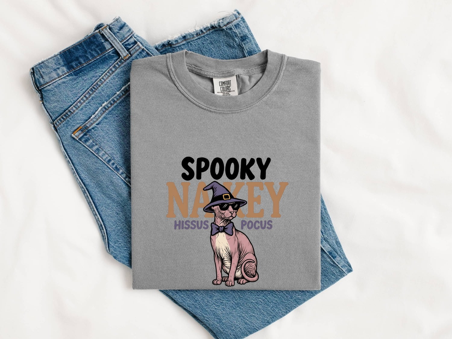 Halloween Sphynx Cat Shirt for Women – Hand Drawn Illustrated Magic Hat Graphic Tee