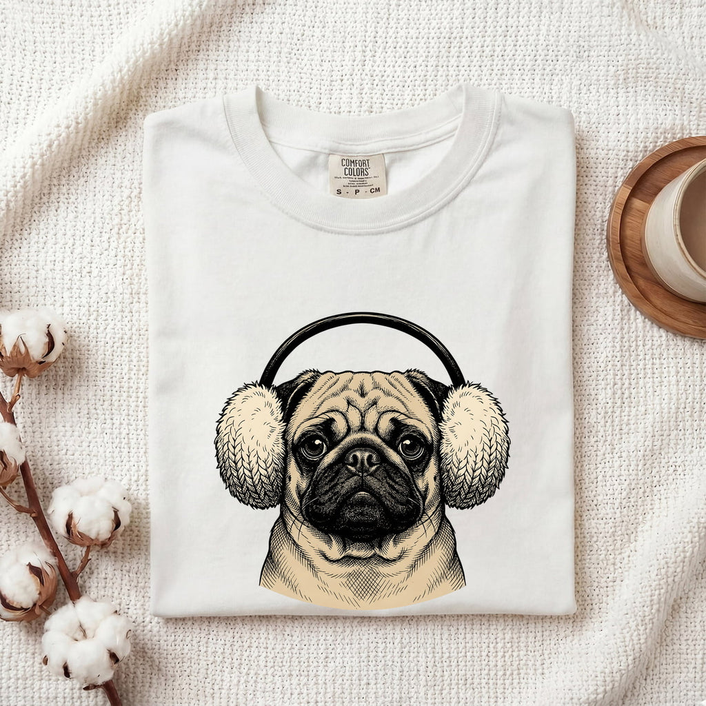 Pug Shirt for Women – Funny Retro Sketch Winter Hat Comedy Puppy Graphic Tee