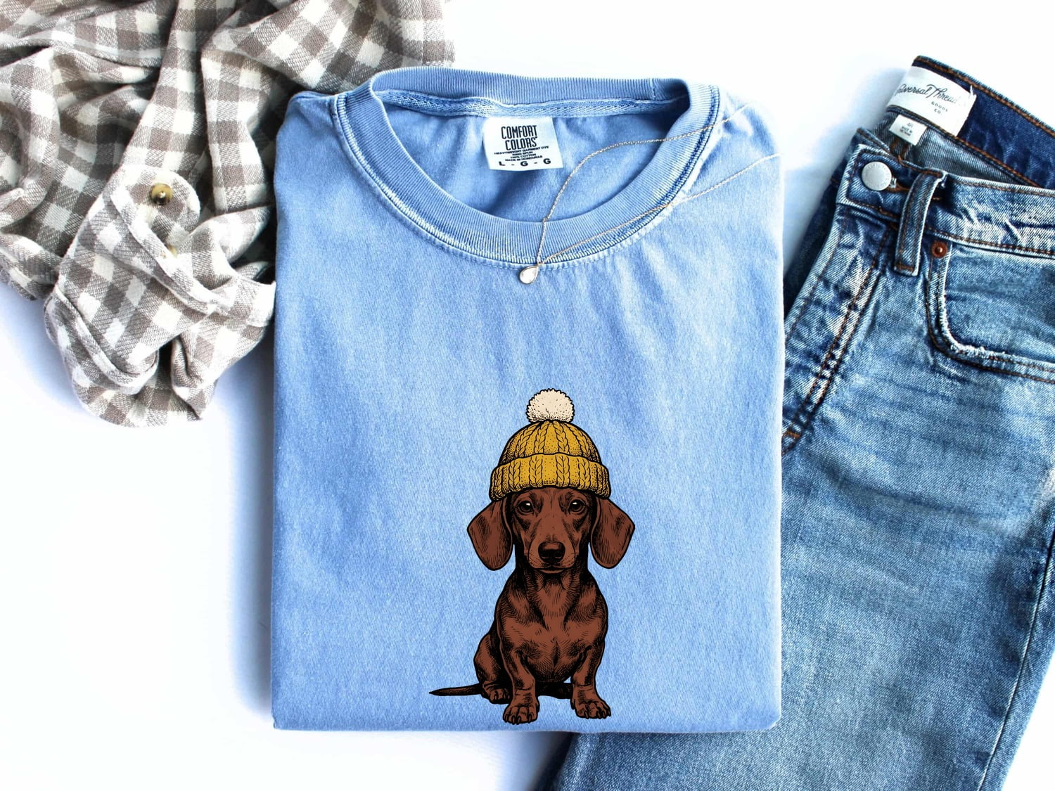 Dachshund Shirt for Women – Retro Sketch Wool Hat Wiener Dog Doodle Graphic Tee