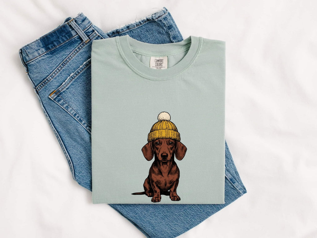 Dachshund Shirt for Women – Retro Sketch Wool Hat Wiener Dog Doodle Graphic Tee