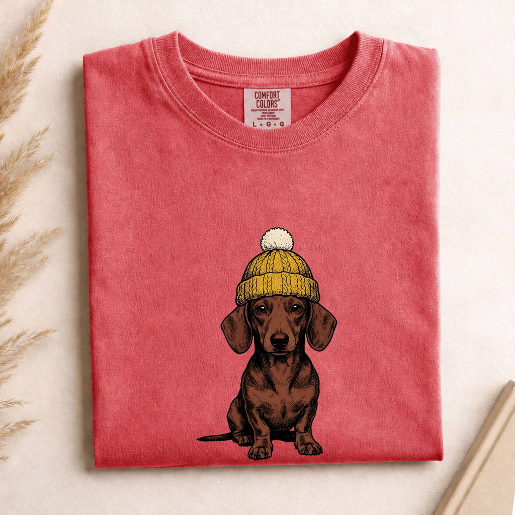 Dachshund Shirt for Women – Retro Sketch Wool Hat Wiener Dog Doodle Graphic Tee