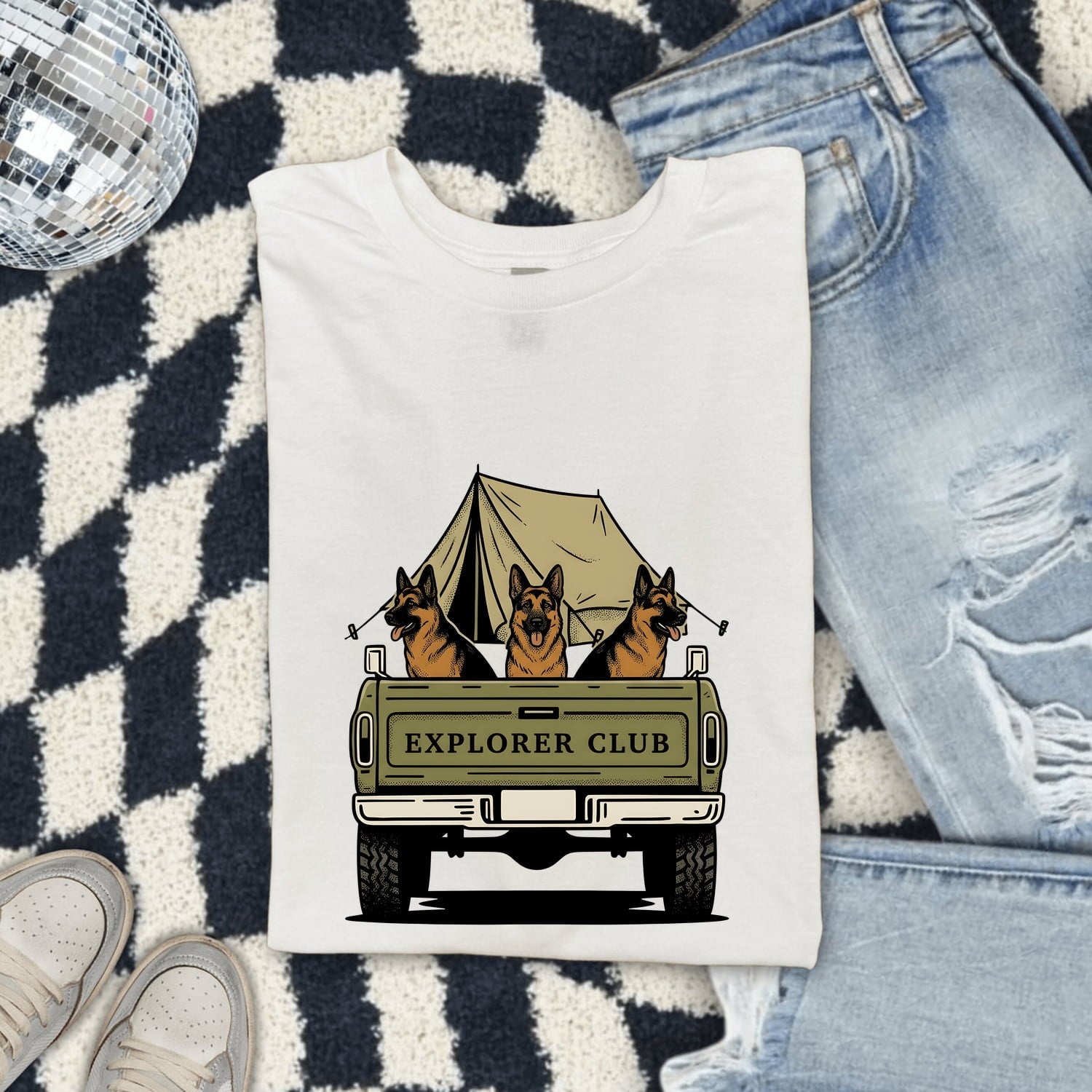 German Shepherd Shirt for Women – Retro Vintage Camping Truck Outdoor Graphic Tee