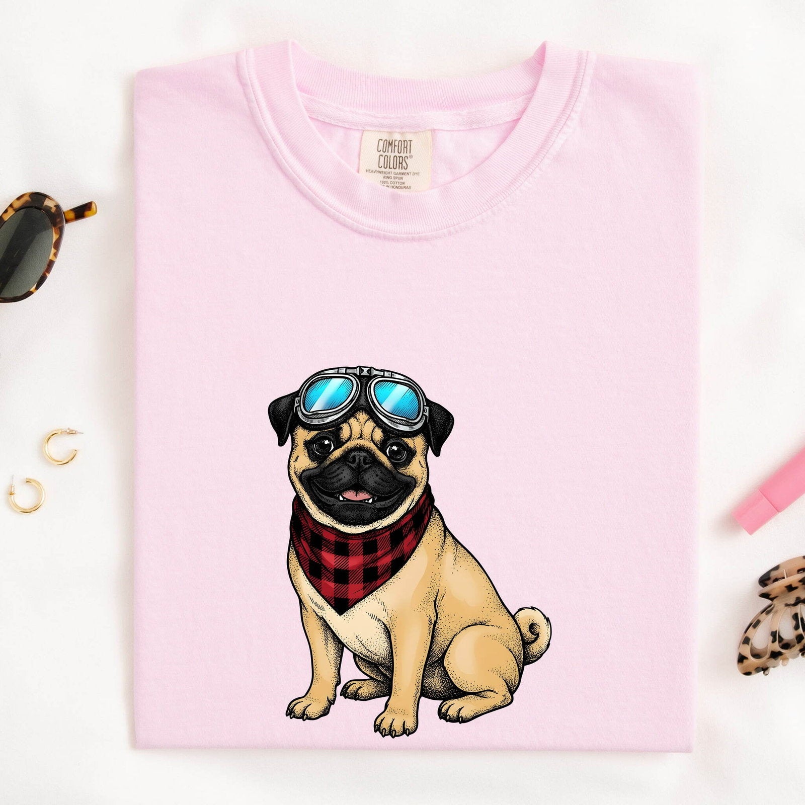 Pug Shirt for Women – Vintage Aviator Goggles Cartoon Dog Graphic Tee