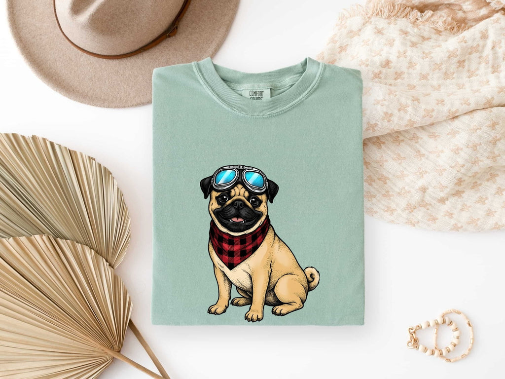 Pug Shirt for Women – Vintage Aviator Goggles Cartoon Dog Graphic Tee
