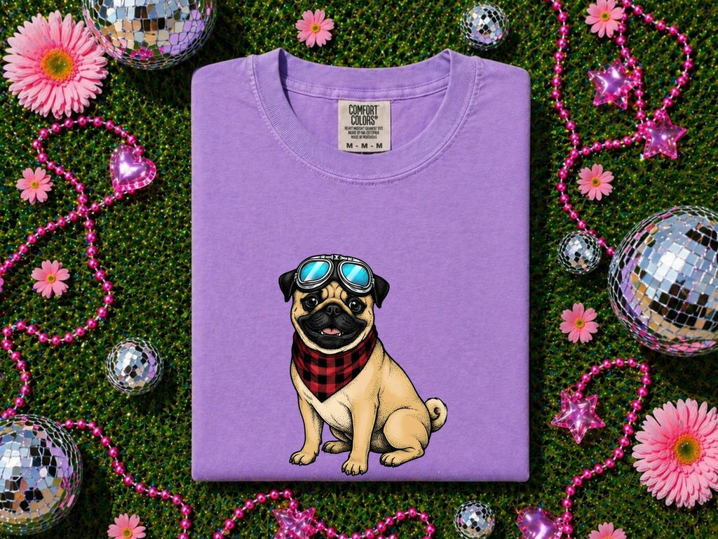 Pug Shirt for Women – Vintage Aviator Goggles Cartoon Dog Graphic Tee