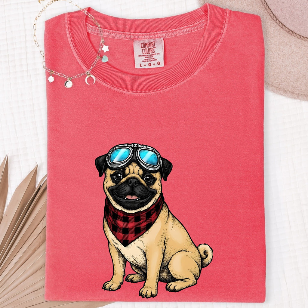 Pug Shirt for Women – Vintage Aviator Goggles Cartoon Dog Graphic Tee