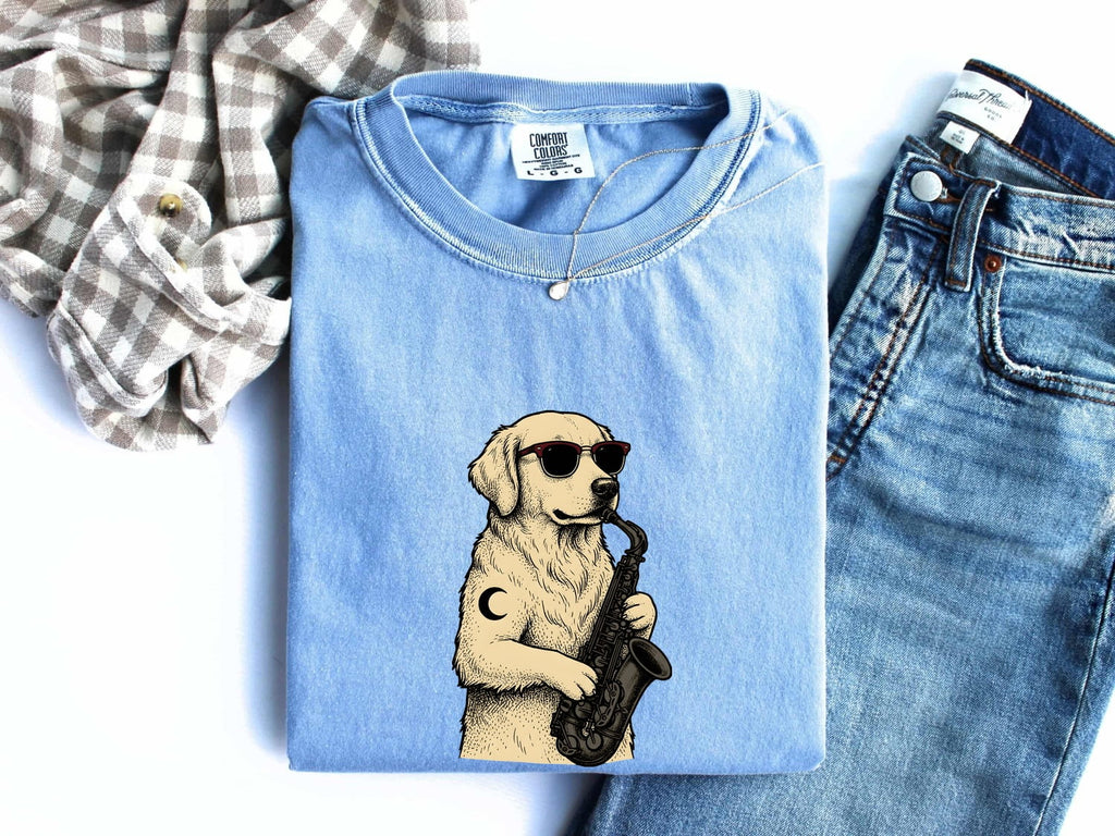 Golden Retriever Shirt for Women – Music Line Art Saxophone Cartoon Dog Graphic Tee