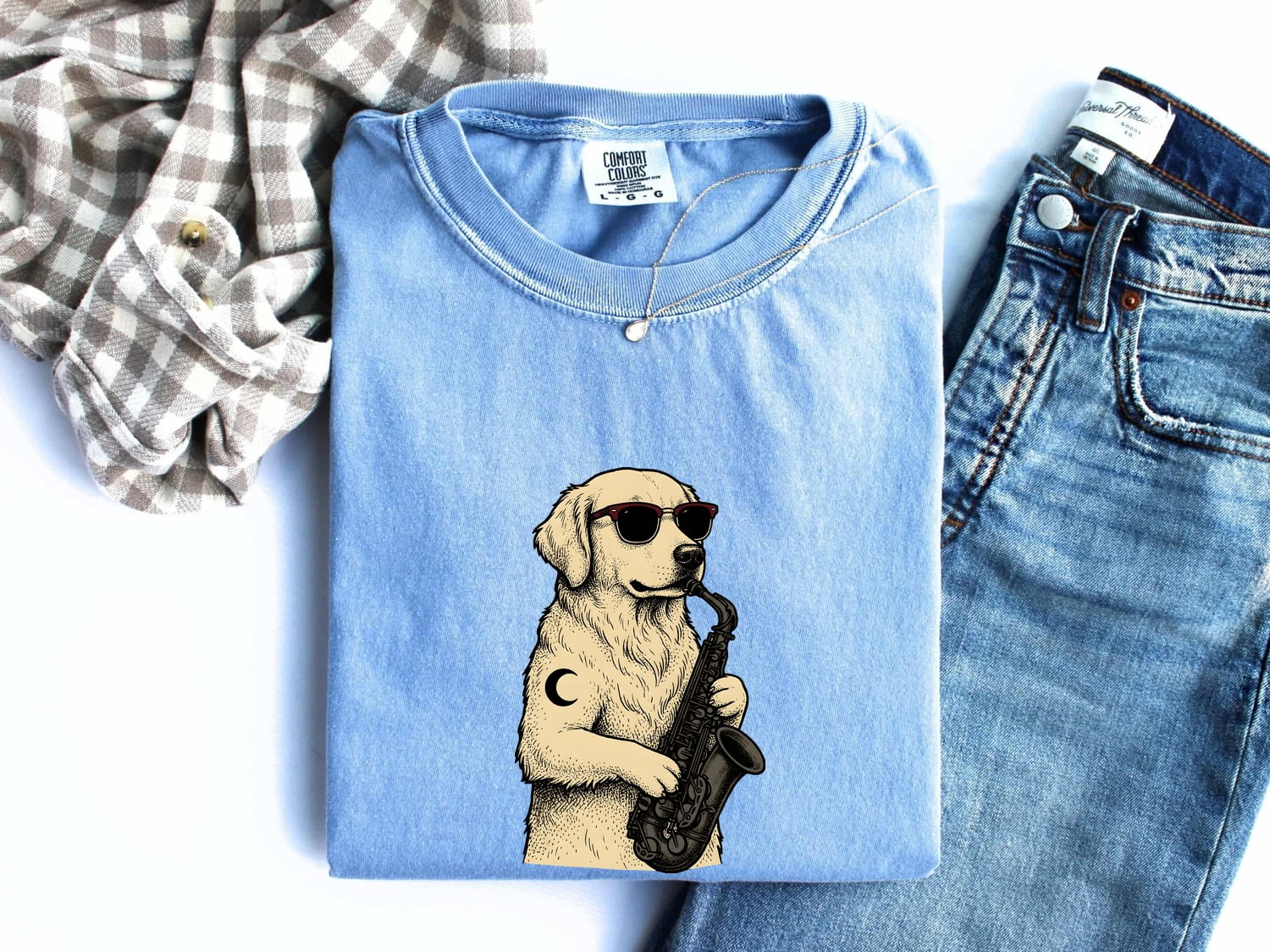 Golden Retriever Shirt for Women – Music Line Art Saxophone Cartoon Dog Graphic Tee