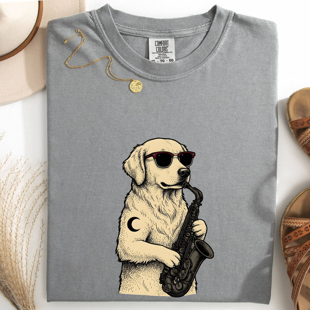 Golden Retriever Shirt for Women – Music Line Art Saxophone Cartoon Dog Graphic Tee