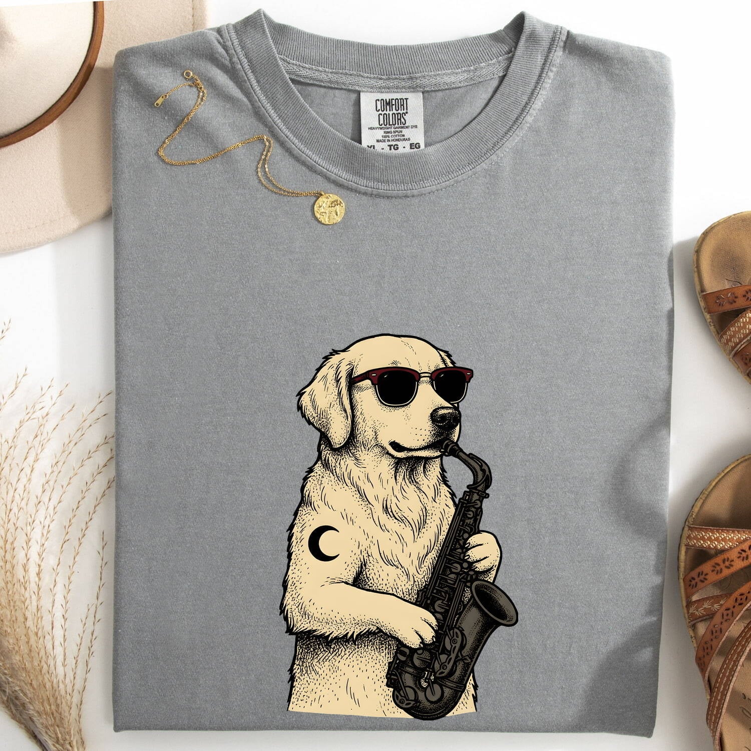 Golden Retriever Shirt for Women – Music Line Art Saxophone Cartoon Dog Graphic Tee