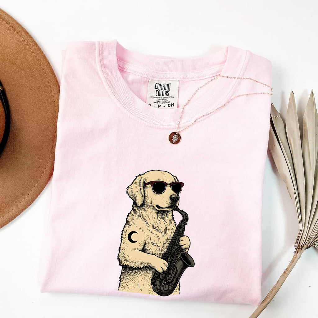 Golden Retriever Shirt for Women – Music Line Art Saxophone Cartoon Dog Graphic Tee