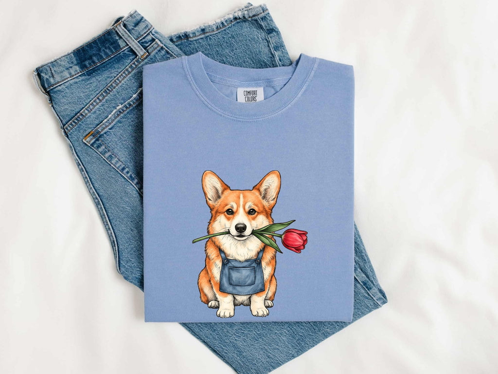 Corgi Shirt for Women – Floral Blossom Cartoon Botany Dog Graphic Tee