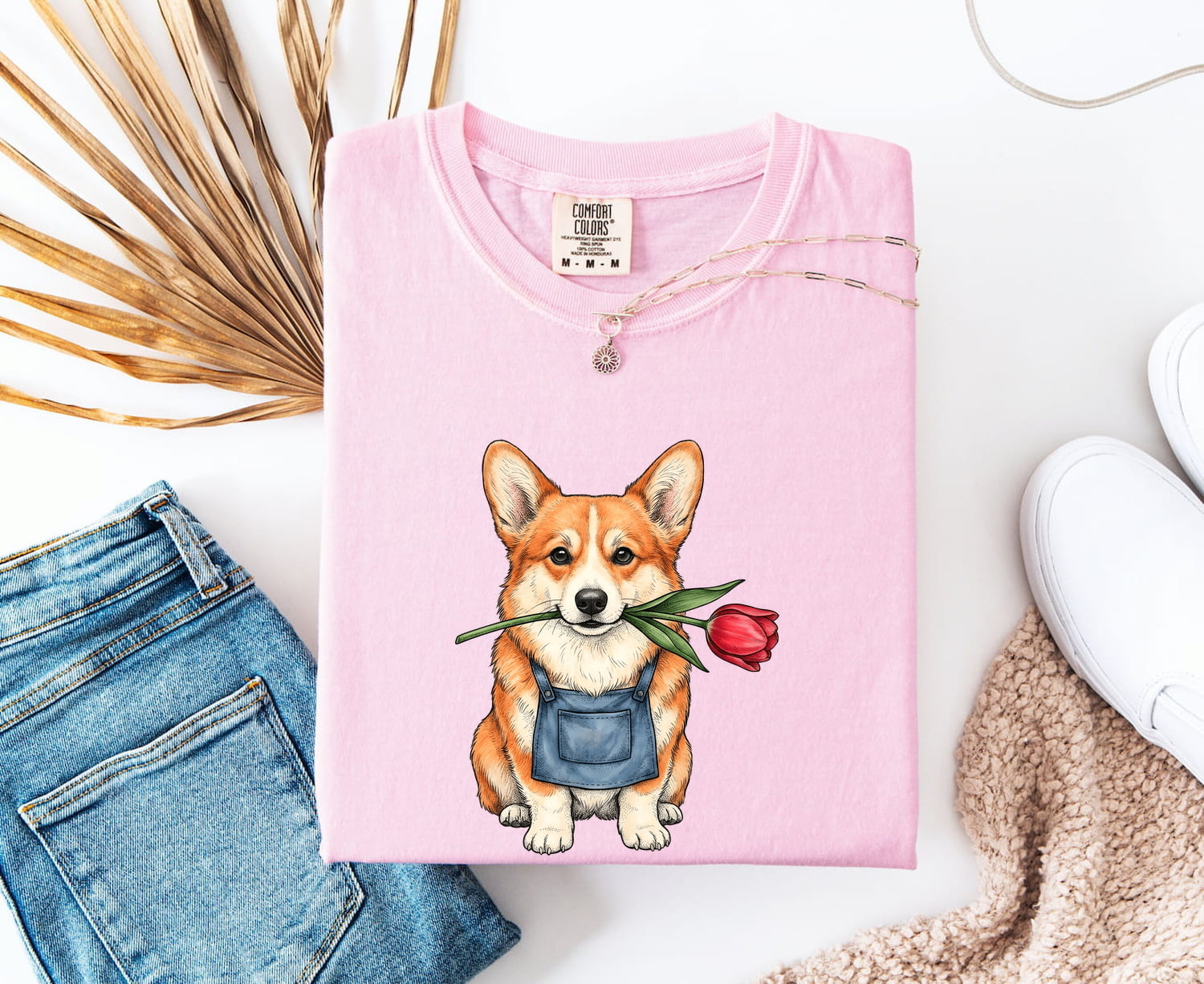 Corgi Shirt for Women – Floral Blossom Cartoon Botany Dog Graphic Tee