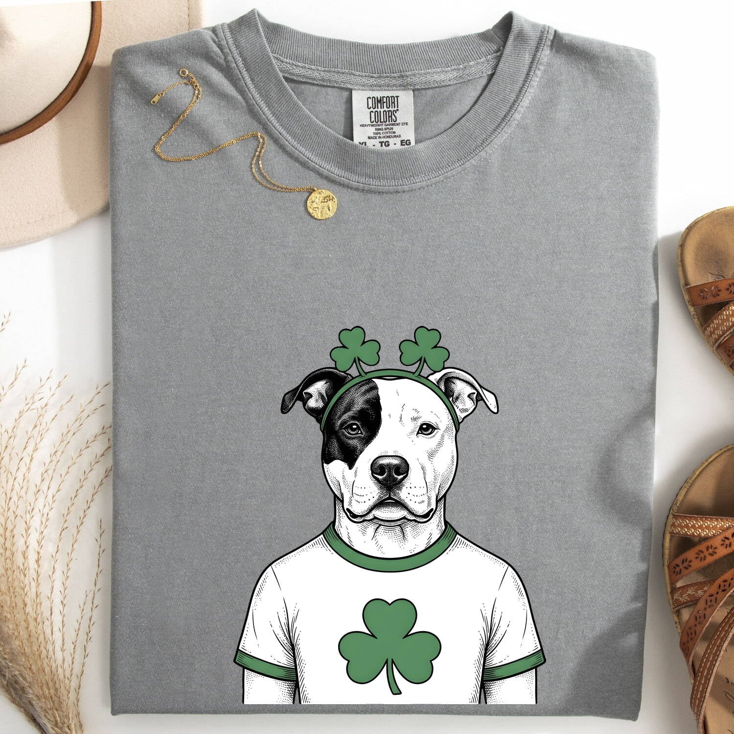 St. Patrick's Day Pitbull Shirt for Women – Vintage Hand Drawn Shamrock Dog Graphic Tee