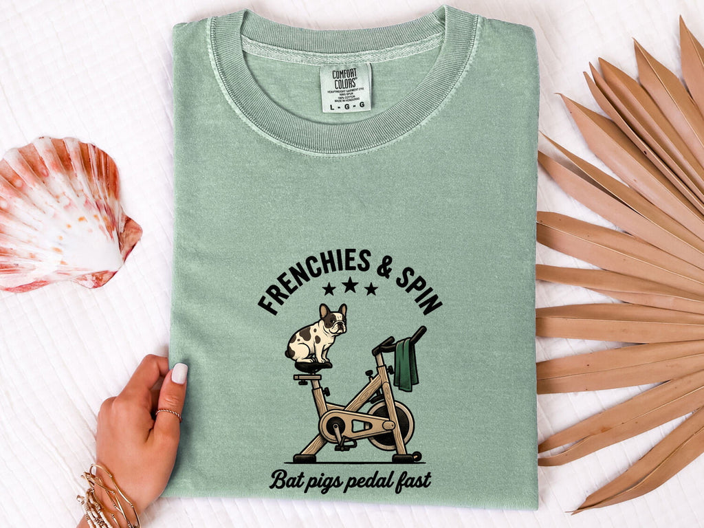 French Bulldog Shirt for Women – Funny Fitness Stationary Bike Caricature Graphic Tee