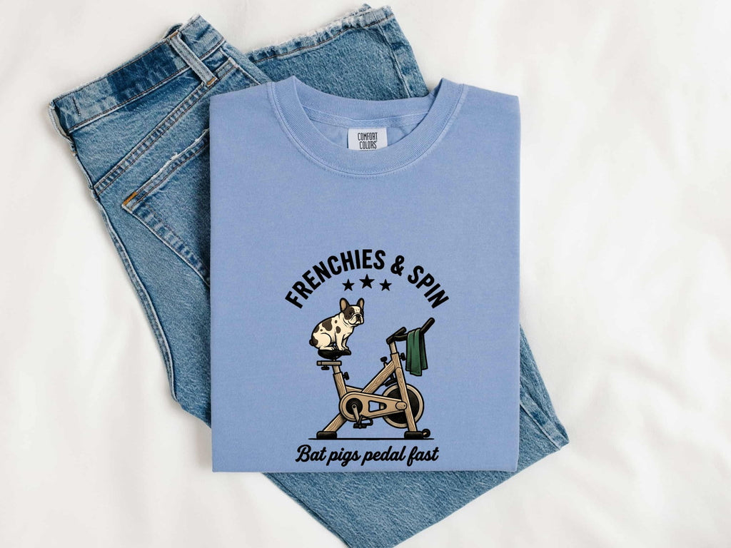 French Bulldog Shirt for Women – Funny Fitness Stationary Bike Caricature Graphic Tee