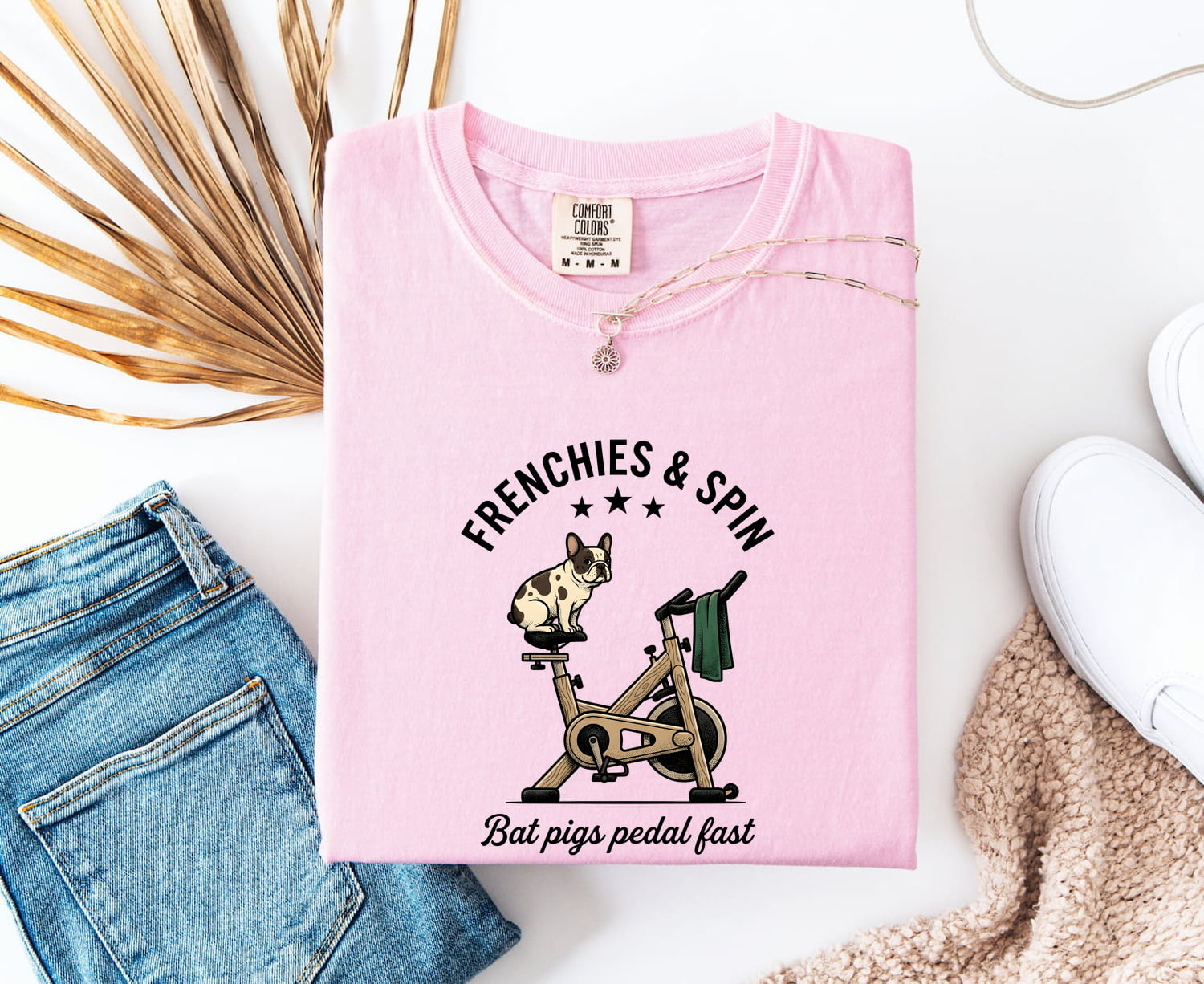 French Bulldog Shirt for Women – Funny Fitness Stationary Bike Caricature Graphic Tee