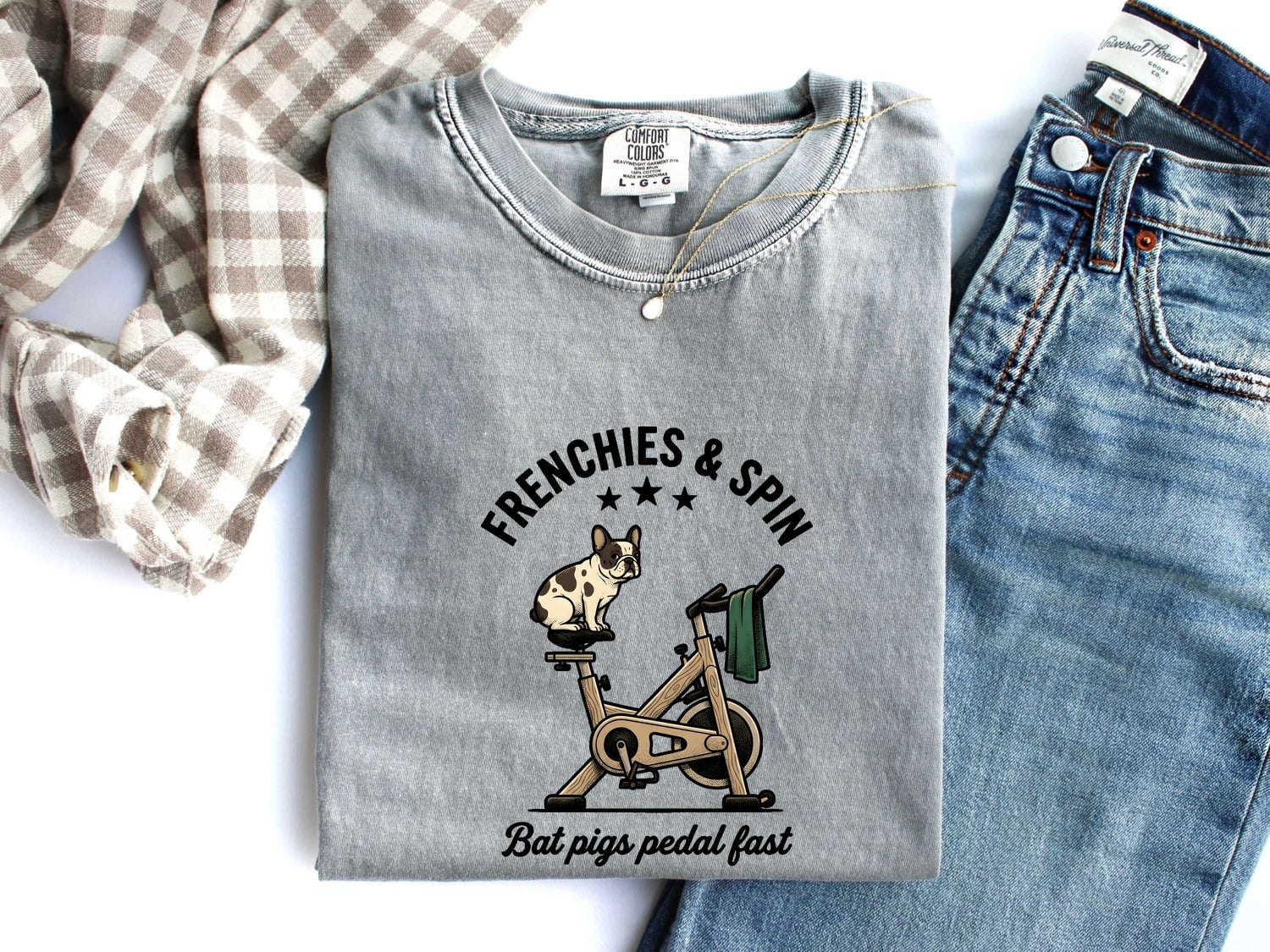 French Bulldog Shirt for Women – Funny Fitness Stationary Bike Caricature Graphic Tee