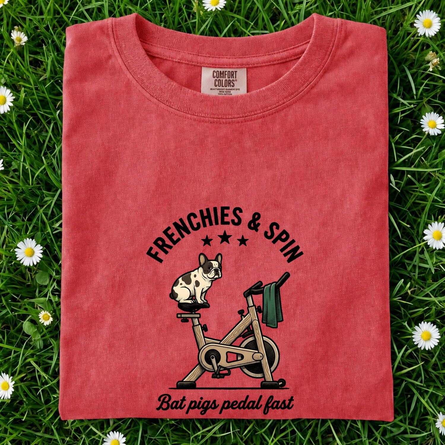 French Bulldog Shirt for Women – Funny Fitness Stationary Bike Caricature Graphic Tee