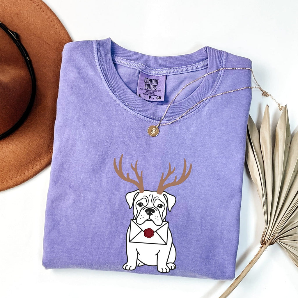 Christmas Bulldog Shirt for Women – Reindeer Minimalist Cartoon Holiday Graphic Tee