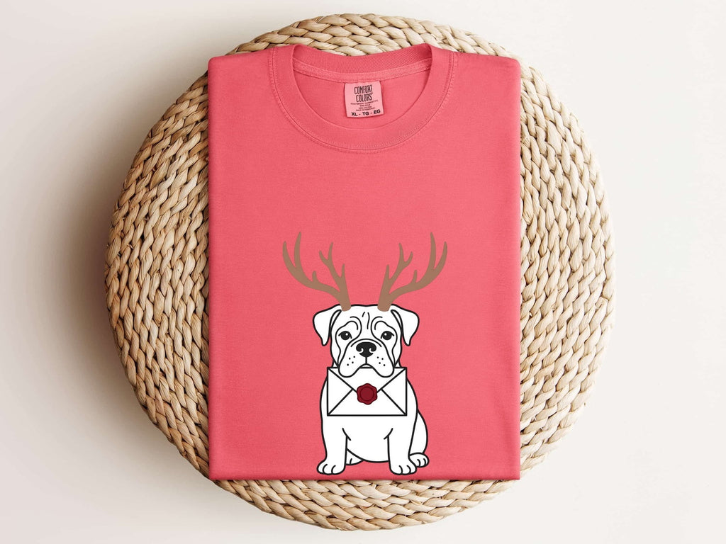 Christmas Bulldog Shirt for Women – Reindeer Minimalist Cartoon Holiday Graphic Tee