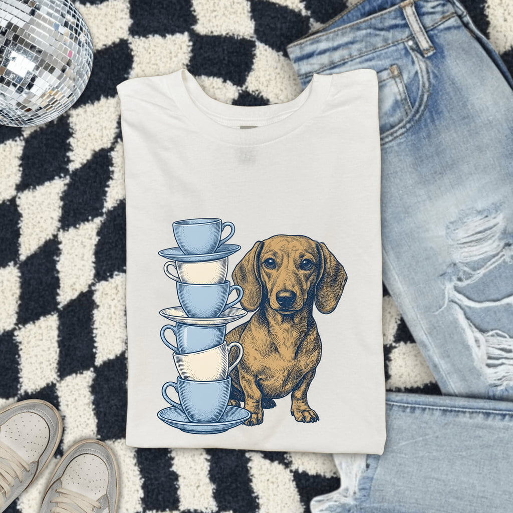 Dachshund Shirt for Women – Hand Drawn Tea Cup Comic Wiener Dog Graphic Tee