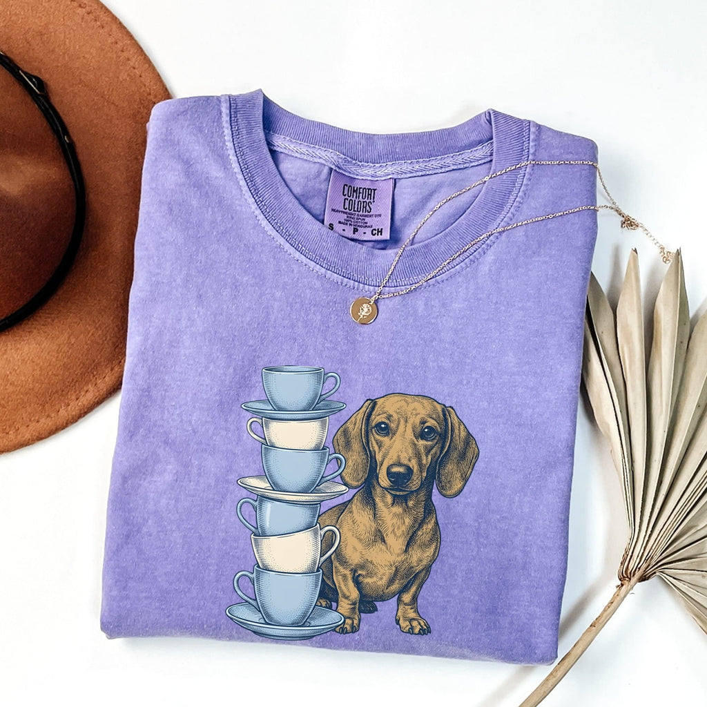 Dachshund Shirt for Women – Hand Drawn Tea Cup Comic Wiener Dog Graphic Tee