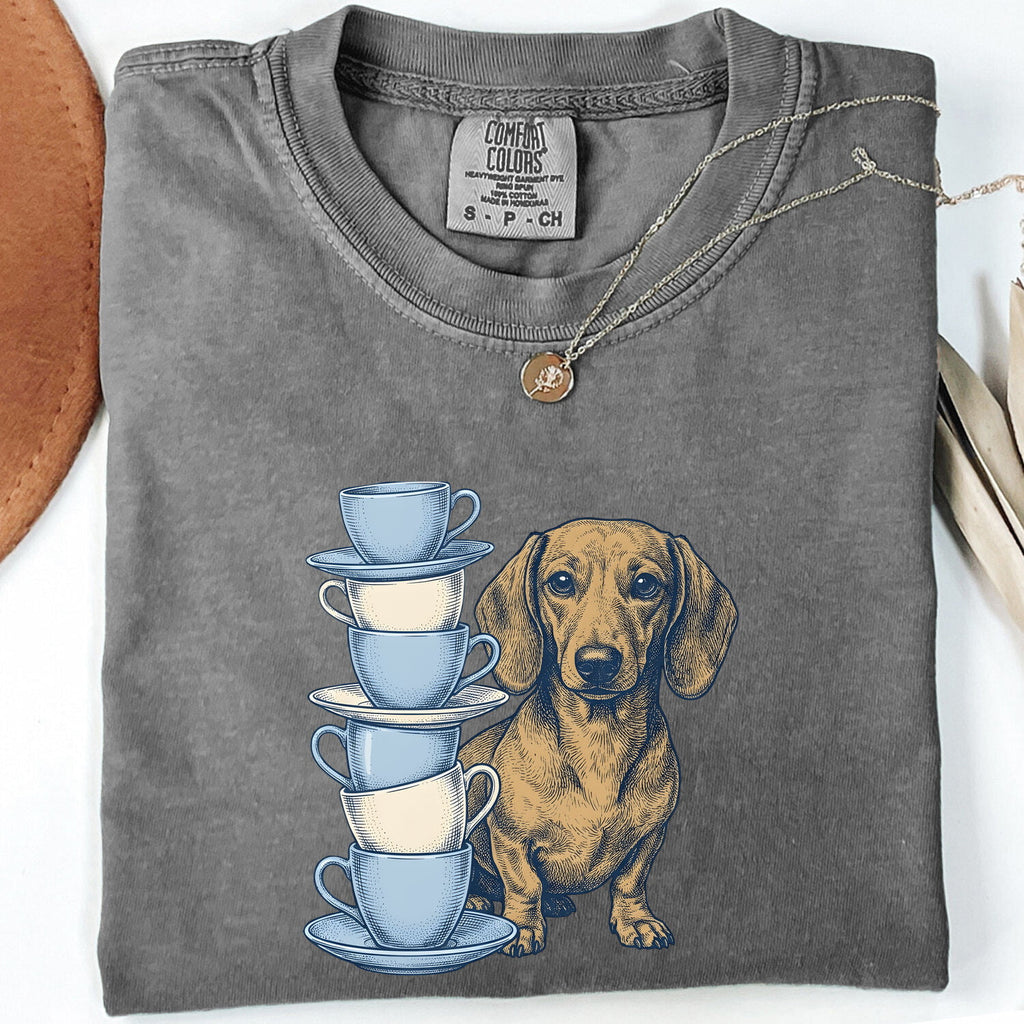 Dachshund Shirt for Women – Hand Drawn Tea Cup Comic Wiener Dog Graphic Tee