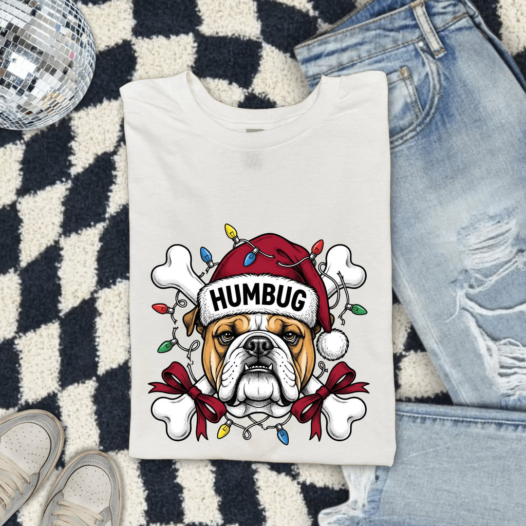 Christmas Bulldog Shirt for Women – Funny Santa Hat Cartoon Dog Graphic Tee