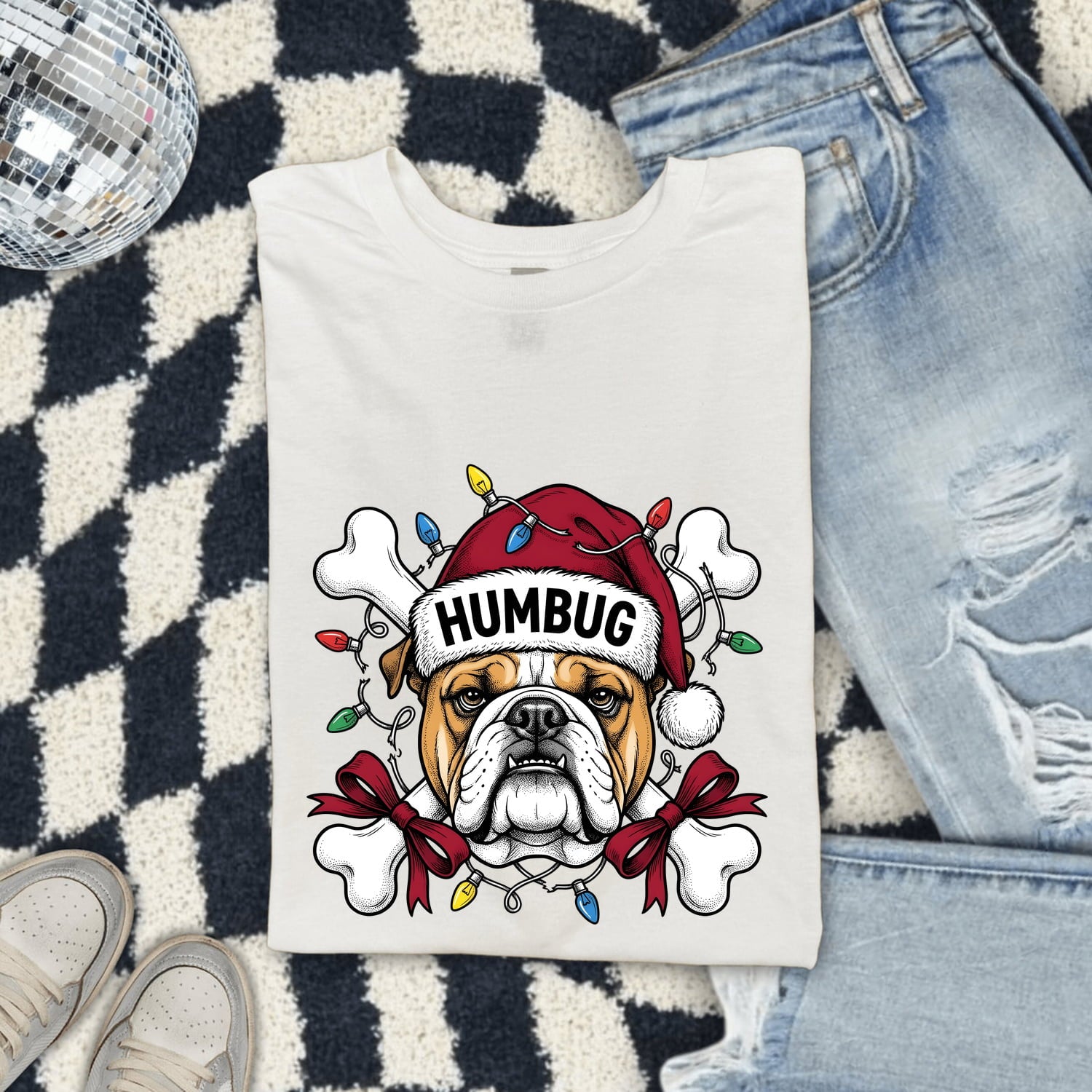 Christmas Bulldog Shirt for Women – Funny Santa Hat Cartoon Dog Graphic Tee