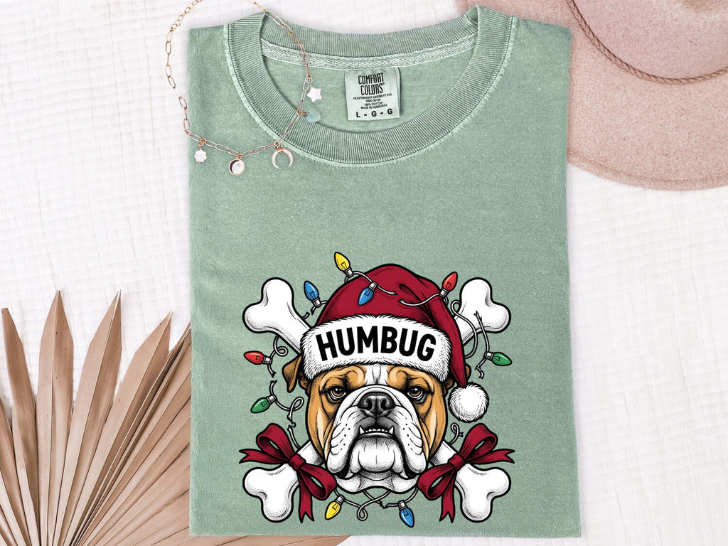Christmas Bulldog Shirt for Women – Funny Santa Hat Cartoon Dog Graphic Tee