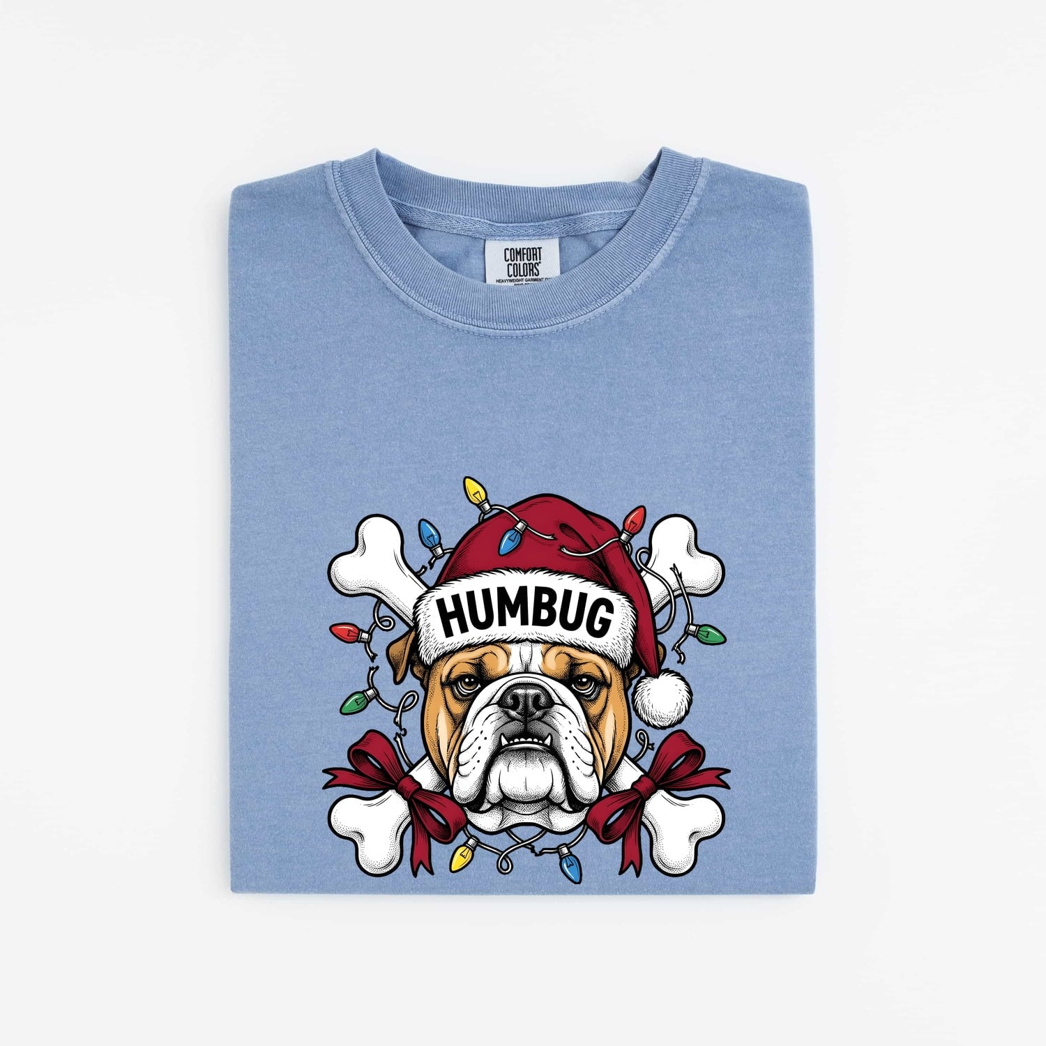 Christmas Bulldog Shirt for Women – Funny Santa Hat Cartoon Dog Graphic Tee