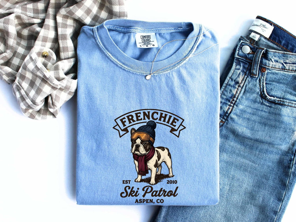 French Bulldog Shirt for Women – Vintage Distressed Frosty Ski Doodle Dog Graphic Tee