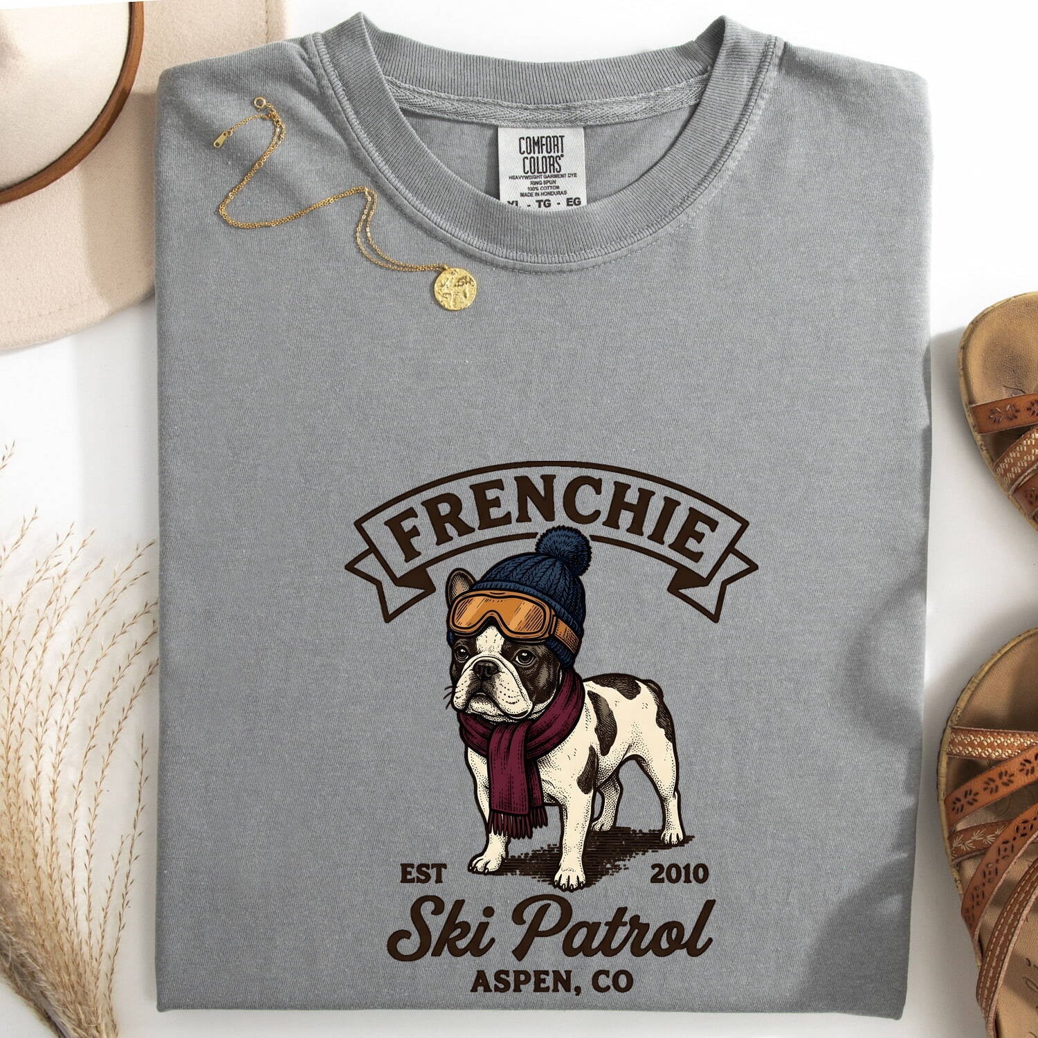 French Bulldog Shirt for Women – Vintage Distressed Frosty Ski Doodle Dog Graphic Tee