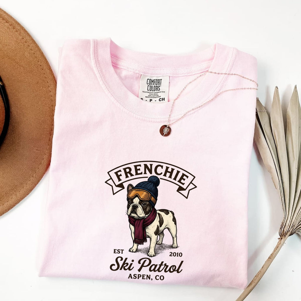 French Bulldog Shirt for Women – Vintage Distressed Frosty Ski Doodle Dog Graphic Tee