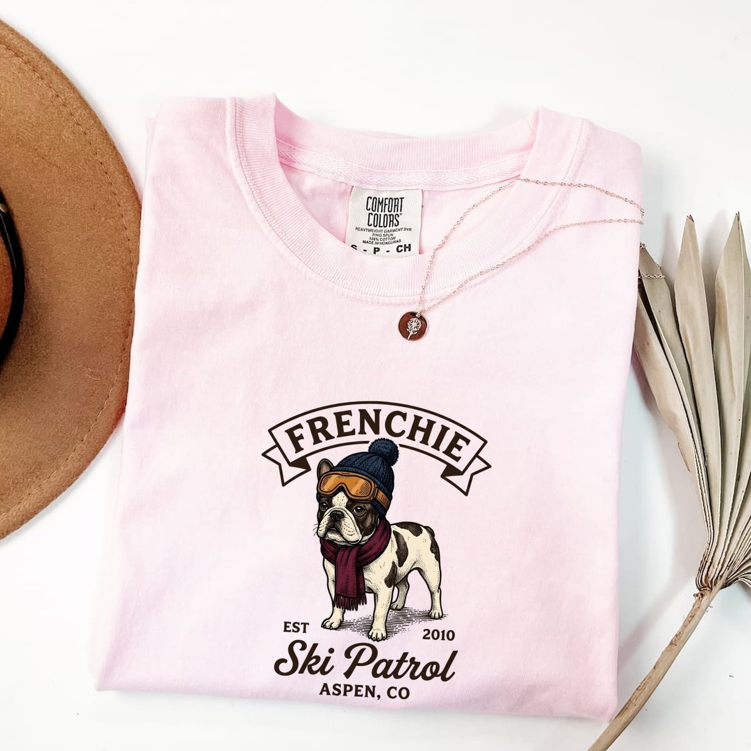 French Bulldog Shirt for Women – Vintage Distressed Frosty Ski Doodle Dog Graphic Tee