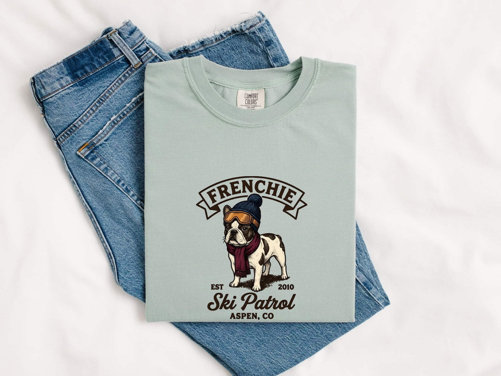 French Bulldog Shirt for Women – Vintage Distressed Frosty Ski Doodle Dog Graphic Tee