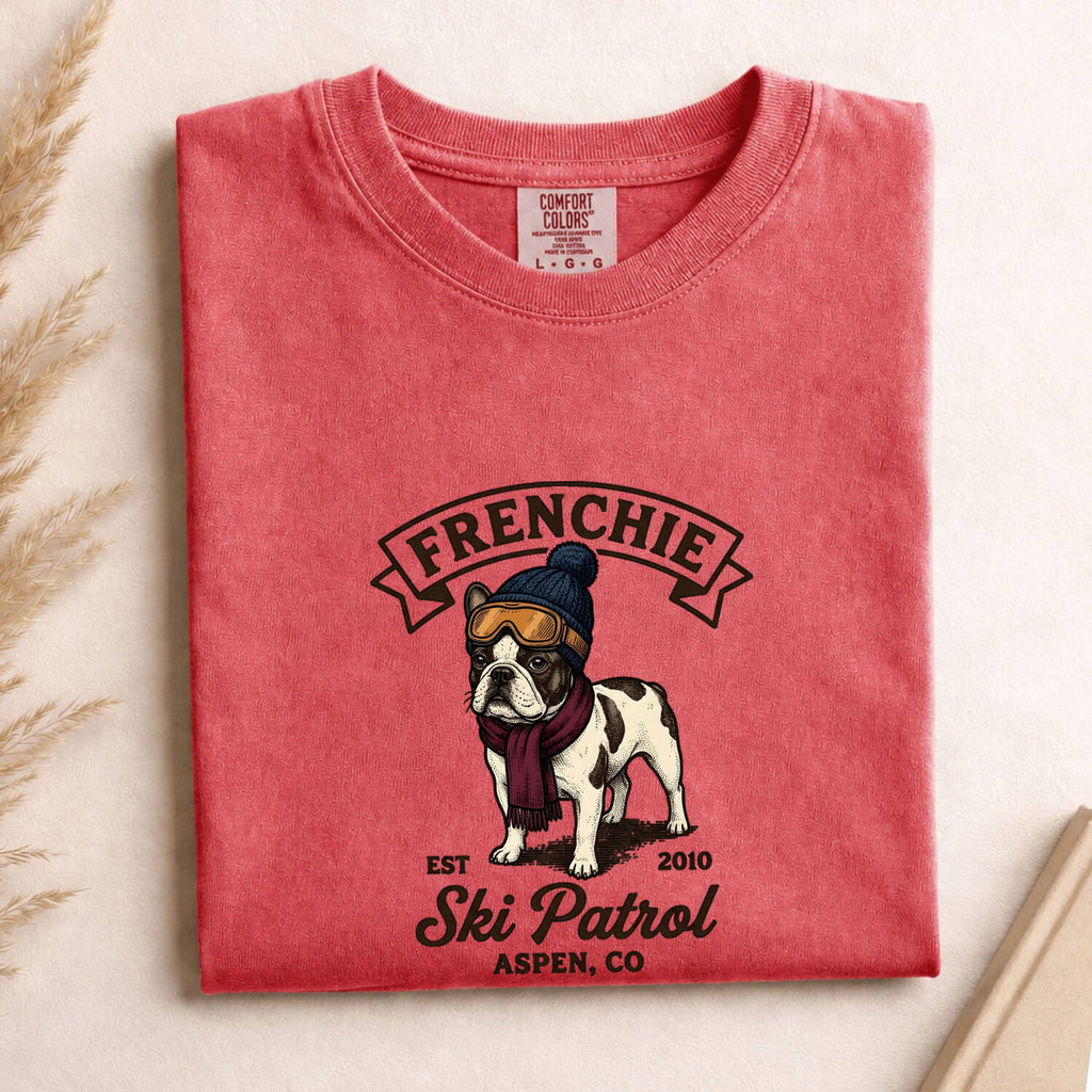 French Bulldog Shirt for Women – Vintage Distressed Frosty Ski Doodle Dog Graphic Tee