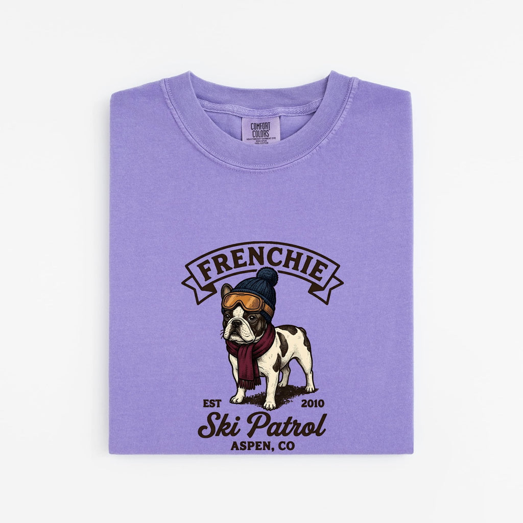 French Bulldog Shirt for Women – Vintage Distressed Frosty Ski Doodle Dog Graphic Tee